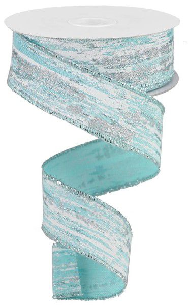 10 Yards - 1.5” Wired Ice Blue, White and Silver Metallic Streak Ribbon