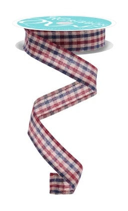 10 Yards - 7/8" Wired Red, Navy, and Tan Primitive Gingham Check Ribbon