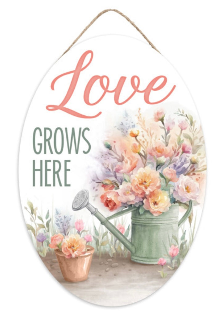 13”x9” Oval Love Grows Here Wreath Sign
