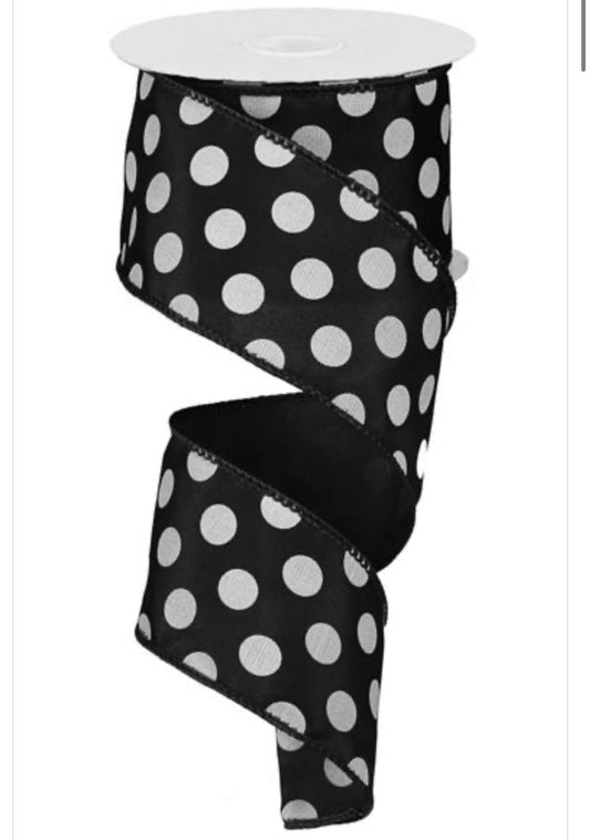 10 Yards - 2.5” Wired Black with White Polka Dot Ribbon