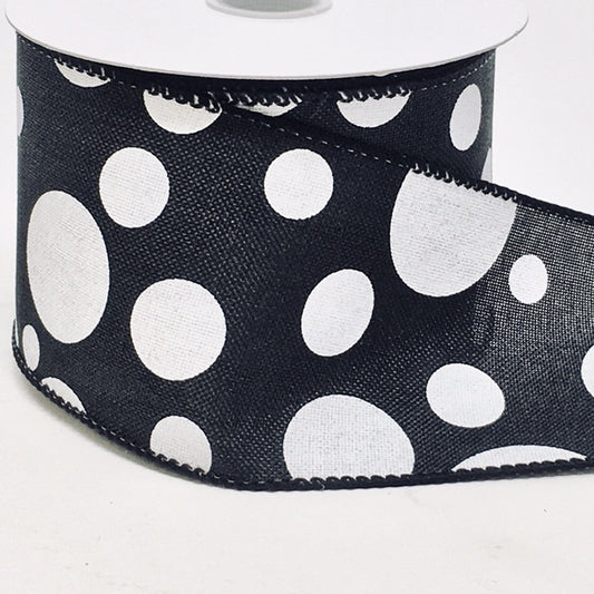 10 Yards - 2.5” Wired Black and White Polka Dot Ribbon