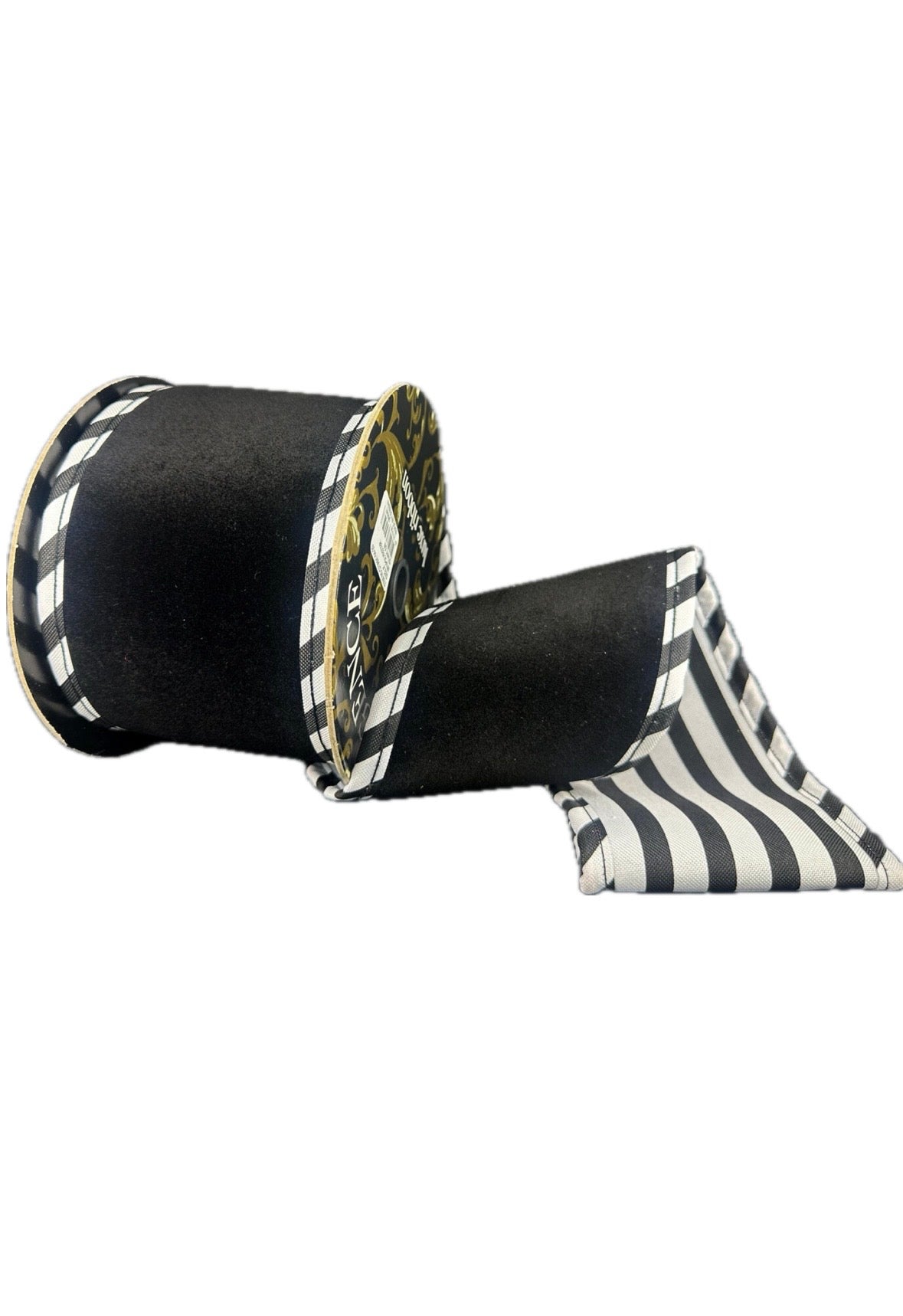 Wired Thick Flat Black Velvet/White- Black Cabana Stripe Ribbon- 4”x5” Yards