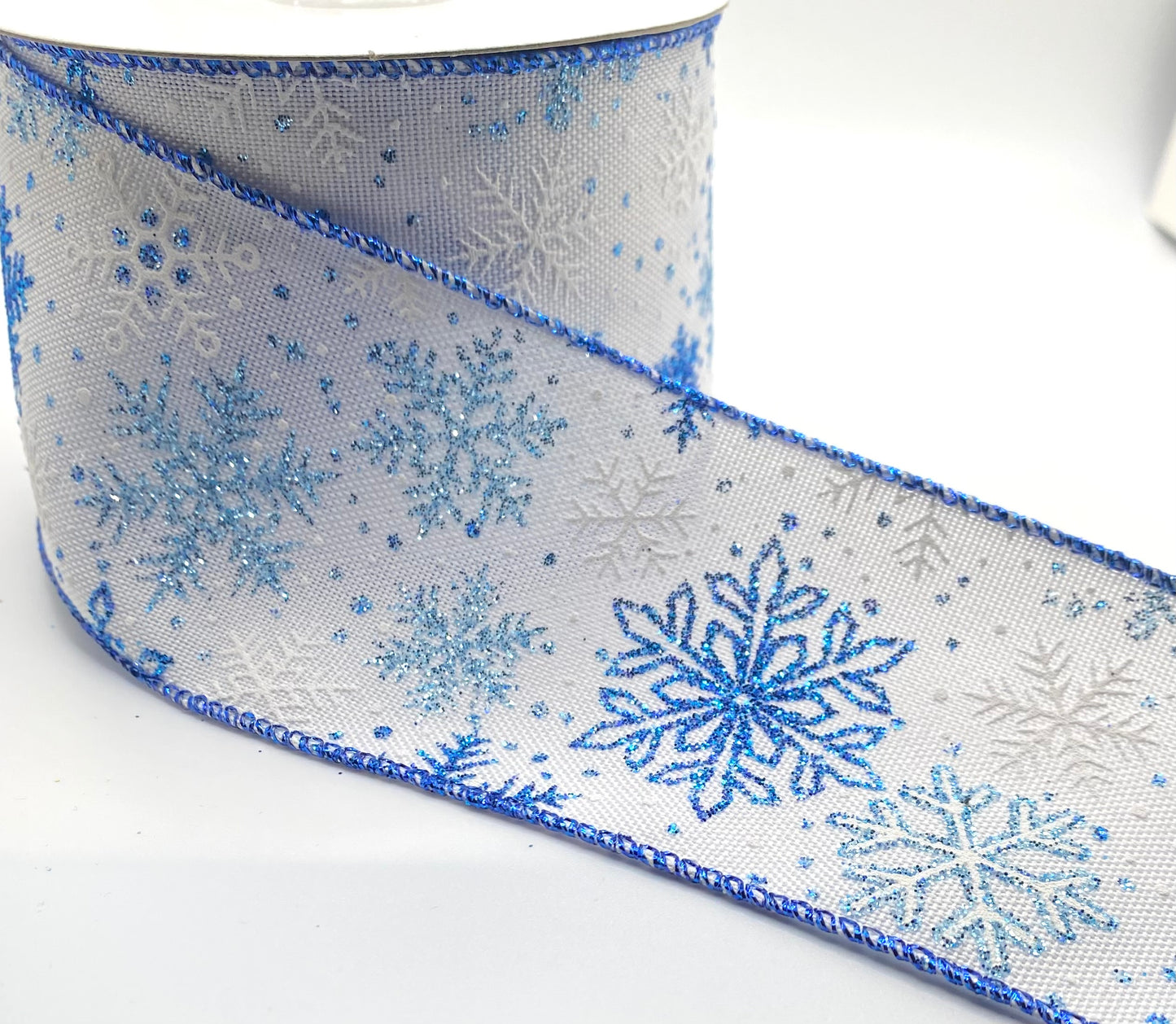 10 Yards - 2.5” Wired White Linen Blue Glitter Snowflake Ribbon