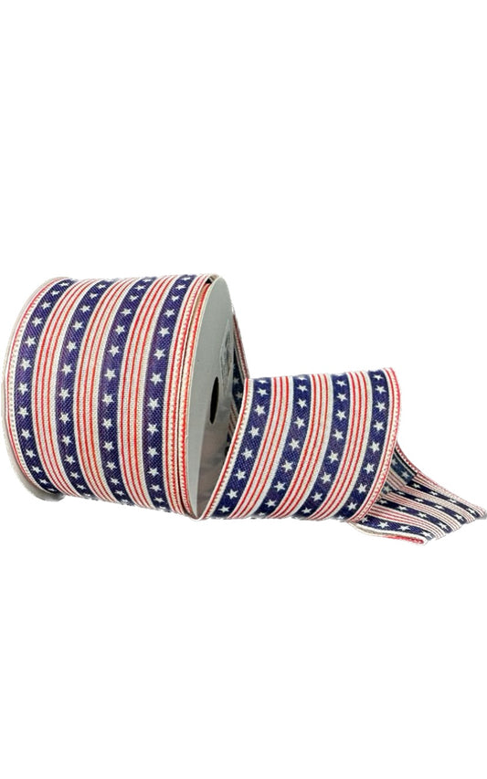 Wired Patriotic Red, Natural, and Navy Blue Stars and Stripes Ribbon-2.5”x10 Yards