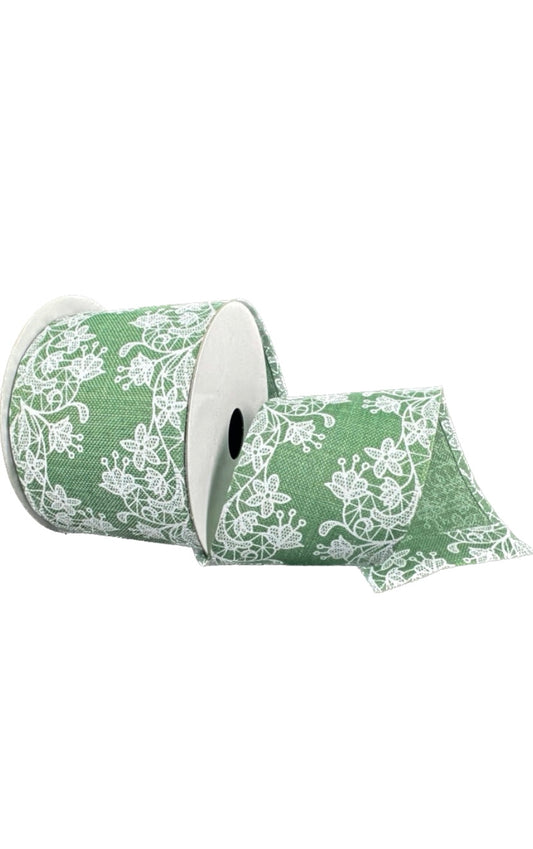 Wired Green Background White Floral Ribbon-2.5”x10 Yards