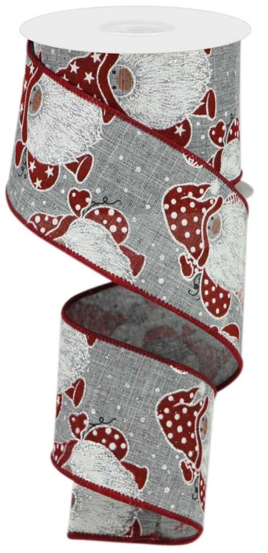 10 Yards - 2.5" Wired Gray Background Christmas Gnome Ribbon with Glitter Accent