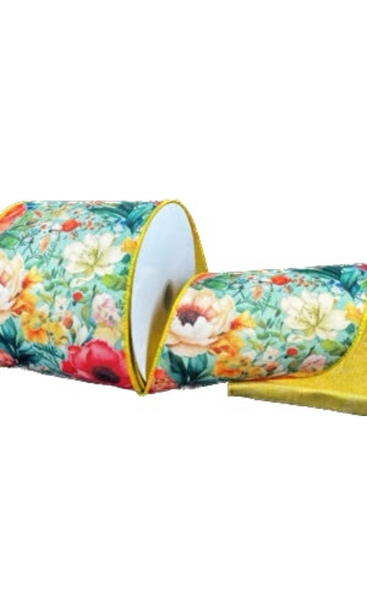 Wired Double Sided Flower Tapestry- Buttermilk Linen Back Ribbon- 4”x10 Yards