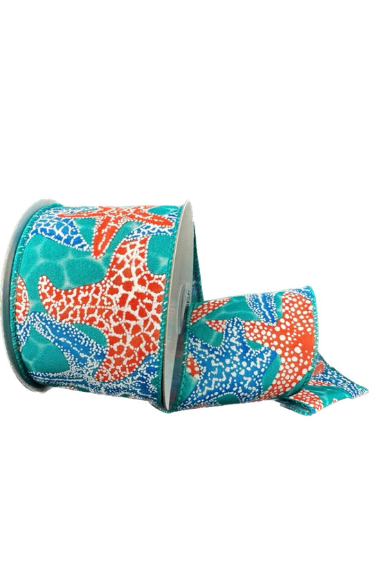 10 Yards - 2.5" Wired Teal Water Satin with Blue and Coral Starfish Ribbon - Beach Ribbon