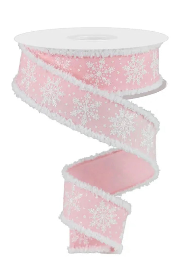 Wired Pink and White Winter Snowflake Ribbon with Snowdrift Edge- 1.5”x10 Yards