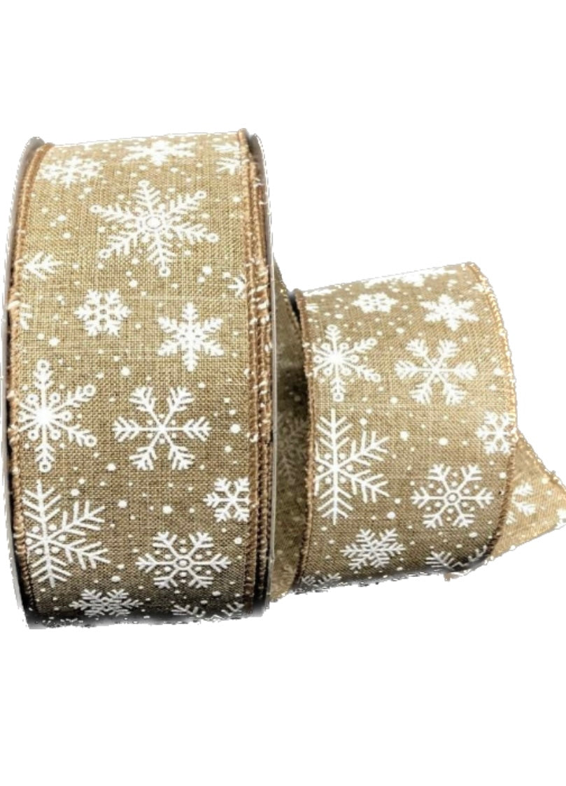 50 Yards - 2.5” Natural Background with White Glitter Snowflakes Ribbon