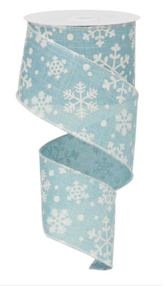 10 Yards - 2.5" Wired Light Blue Background White Snowflake Ribbon