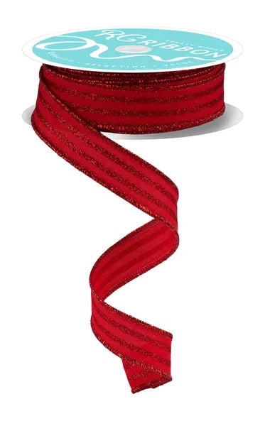 Wired Red Vertical Stripe Glitter Accent Ribbon- 7/8”x10 Yards
