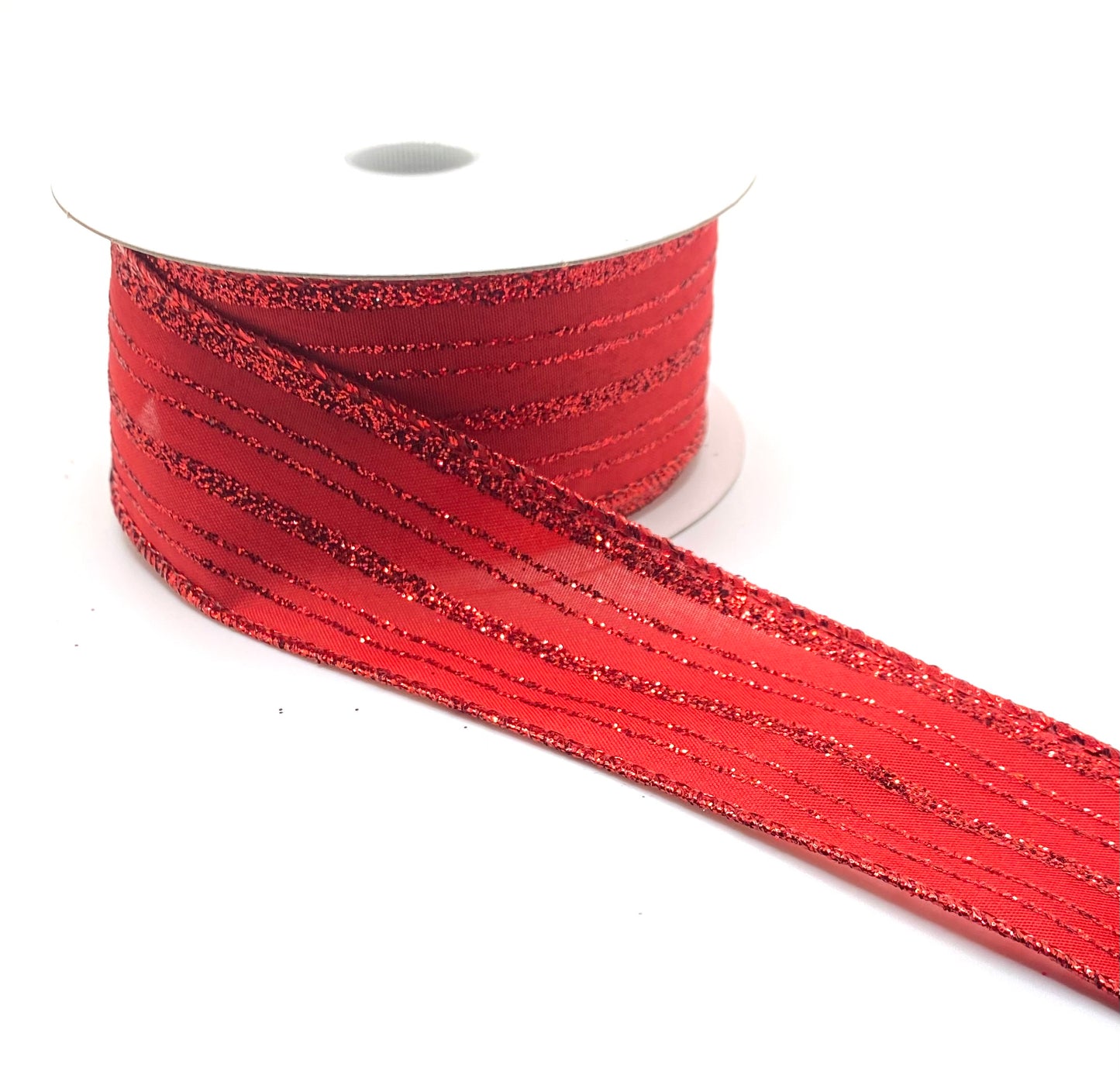 10 Yards - 1.5” Wired Red Satin Vertical Red Glitter Stripe Ribbon