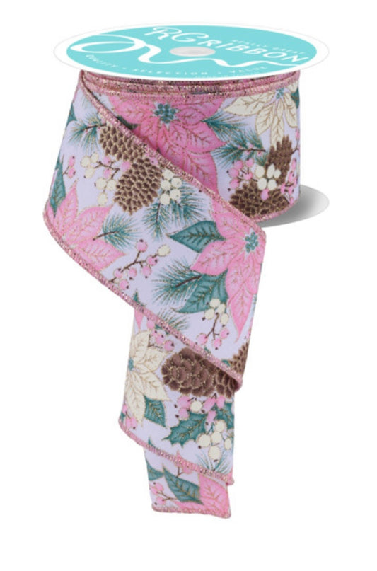 Wired Poinsettia Foilage with Pine Cones Glitter Accent on White Background Ribbon- 2.5”x10 Yards