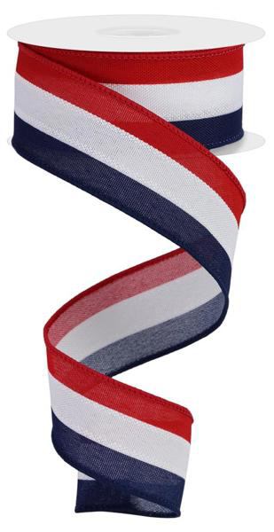 10 Yards - 1.5” Wired Red, White, and Navy Stripes Patriotic Ribbon