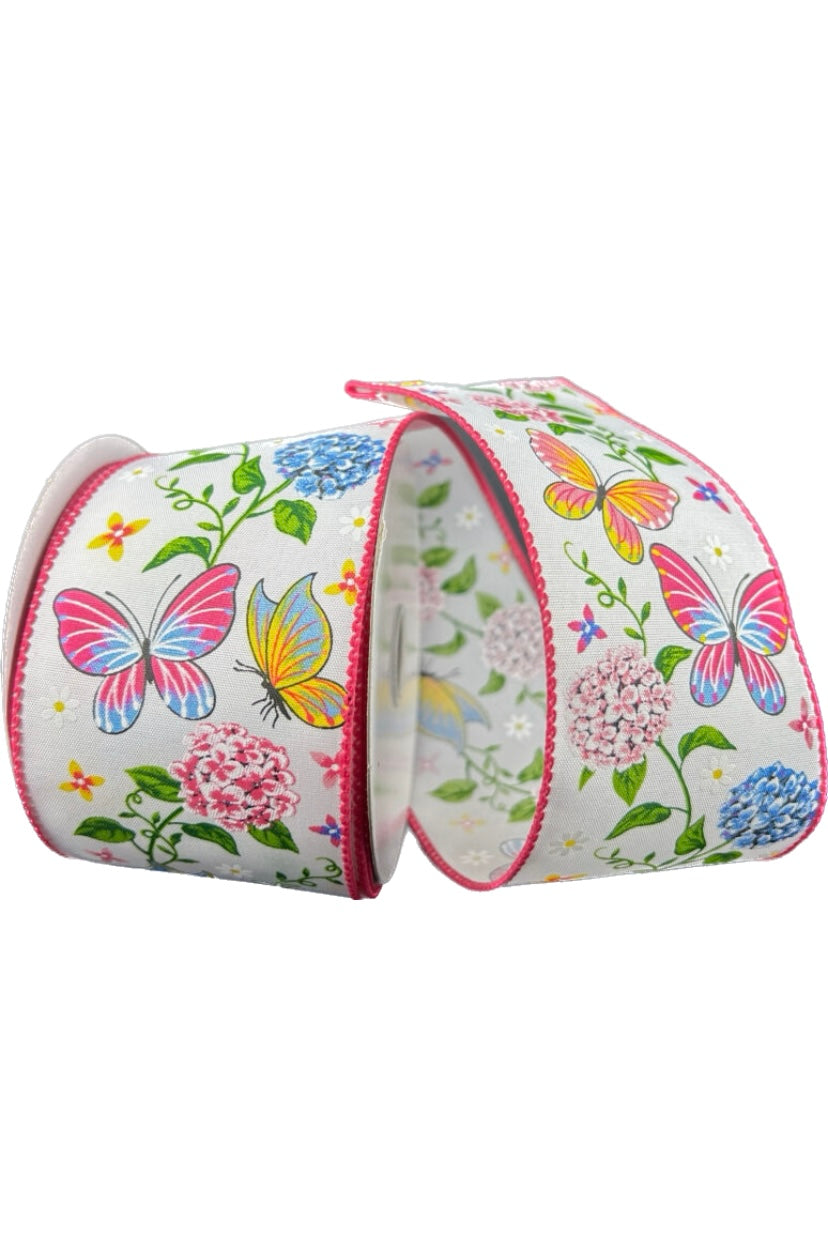 10 Yards - 2.5" Wired White Satin Butterfly and Flower with Pink Trim Ribbon