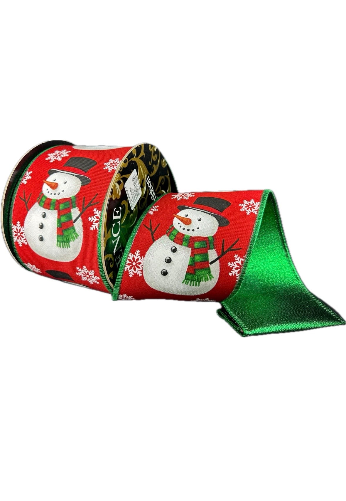 Wired Red Thick Satin Big Snowmen/Emerald Metallic Back- 4”x10 Yards