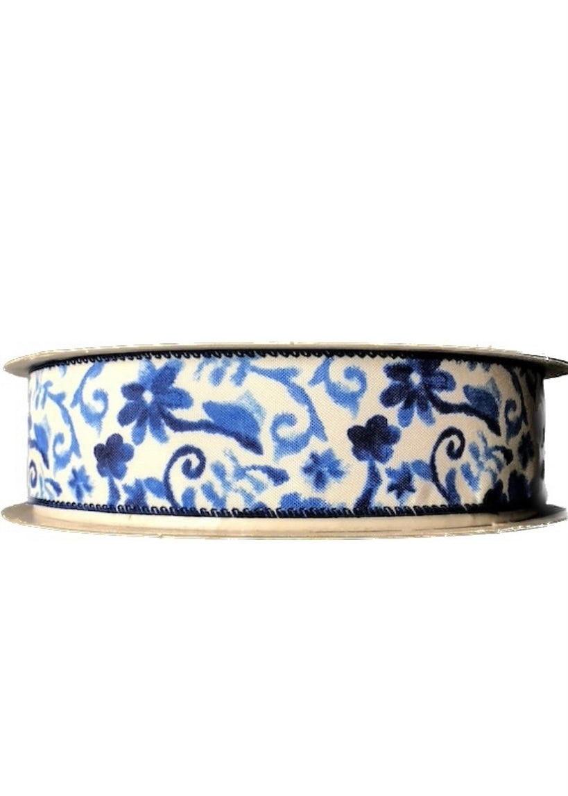 50 Yards - 1.5" Wired White Background Blue Floral Ribbon