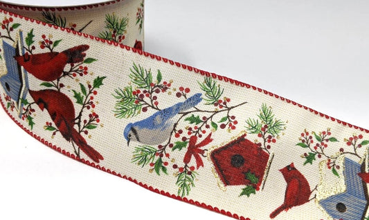 10 Yards - 2.5" Wired Natural Background Red Cardinal with Blue Birdhouse Ribbon with Gold Glitter Accent