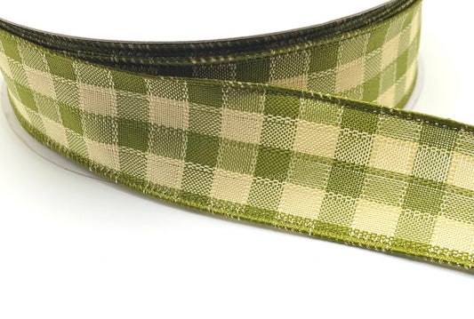 50 Yards - 1.5” Wired Moss Green and Cream Woven Check Ribbon