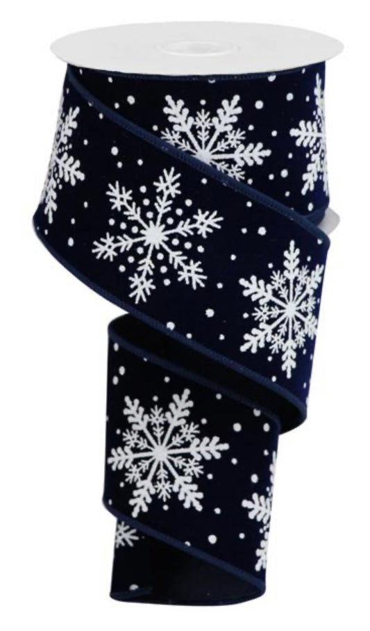 10 Yards - 2.5" Wired Navy Blue Velvet White Snowflake Ribbon