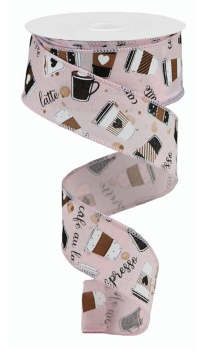 10 Yards - 1.5” Wired Coffee and Latte Light Pink Background Ribbon ...