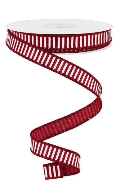 Wired Burgundy and White Stripe Ribbon- 5/8”x10 Yards