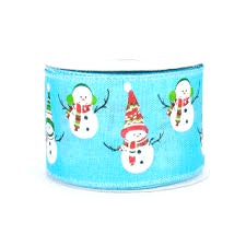 10 Yards - 2.5” Wired Blue Background Glitter Accent Snowman  Friends Ribbon