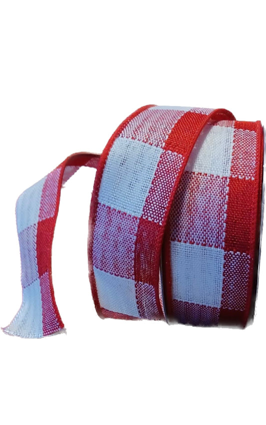 1.5” Wired Red and White Check Ribbon - Winter Ribbon - Christmas Ribbon - Valentines Ribbon