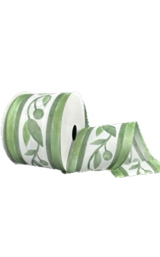 Wired Sage Green Watercolor  Vine Stripe Ribbon- 2.5” x10 Yards