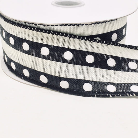 10 Yards - 1.5” Wired Black and Cream Dotted Stripe Ribbon