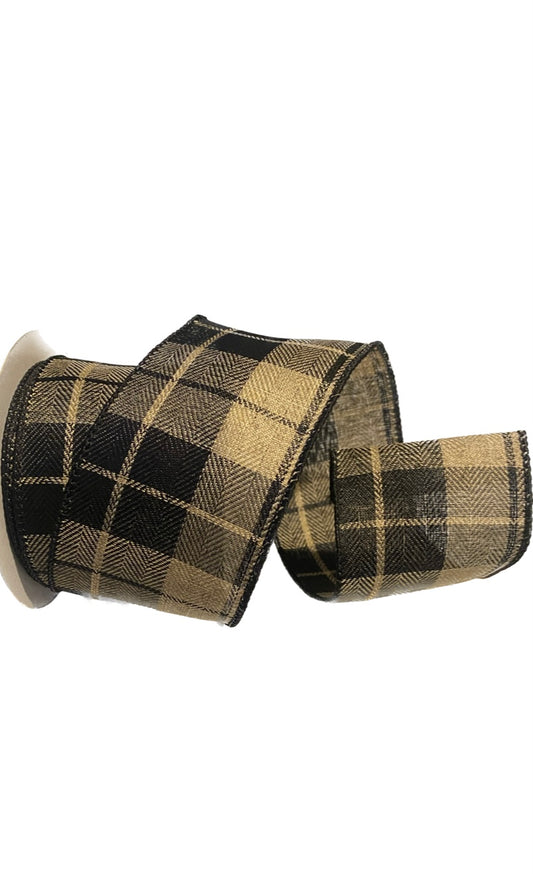 Wired Black and Tan Check Ribbon-2.5”x10 Yards