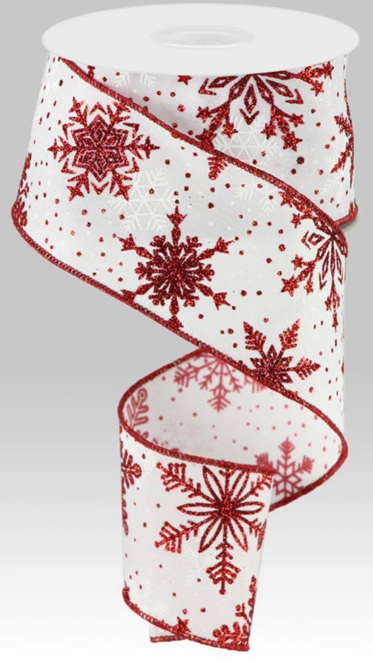 10 Yards - 2.5” Wired White Background Red Glitter Snowflake Ribbon