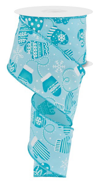 Wired Blue and White Winter Mittens Ribbon- 2.5”x10 Yards