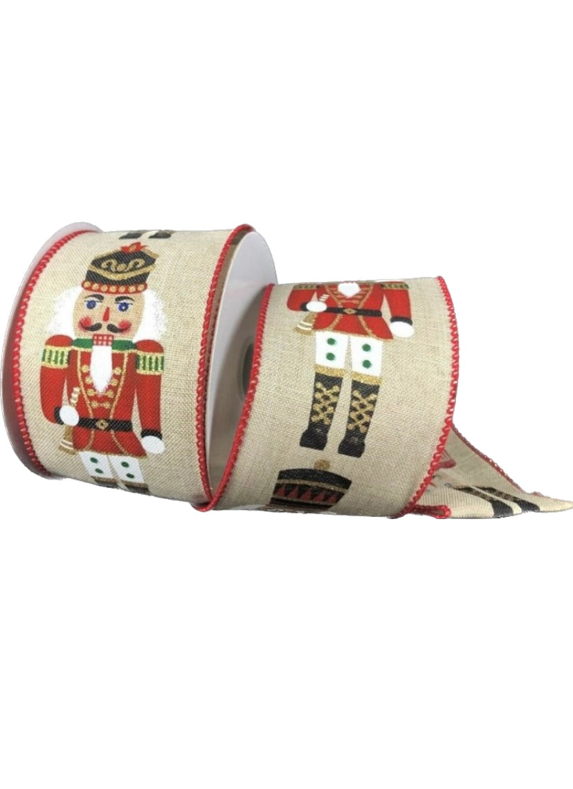 10 Yards - 2.5” Wired Christmas Nutcracker Ribbon with Gold Glitter Accent