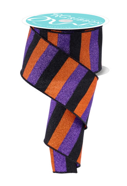 Wired Purple, Black, and Orange Glitter Stripe Ribbon- 2.5”x10 Yards