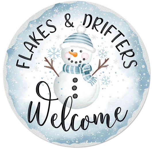 12” Flakes and Drifters Welcome Winter Snowman Wreath Sign