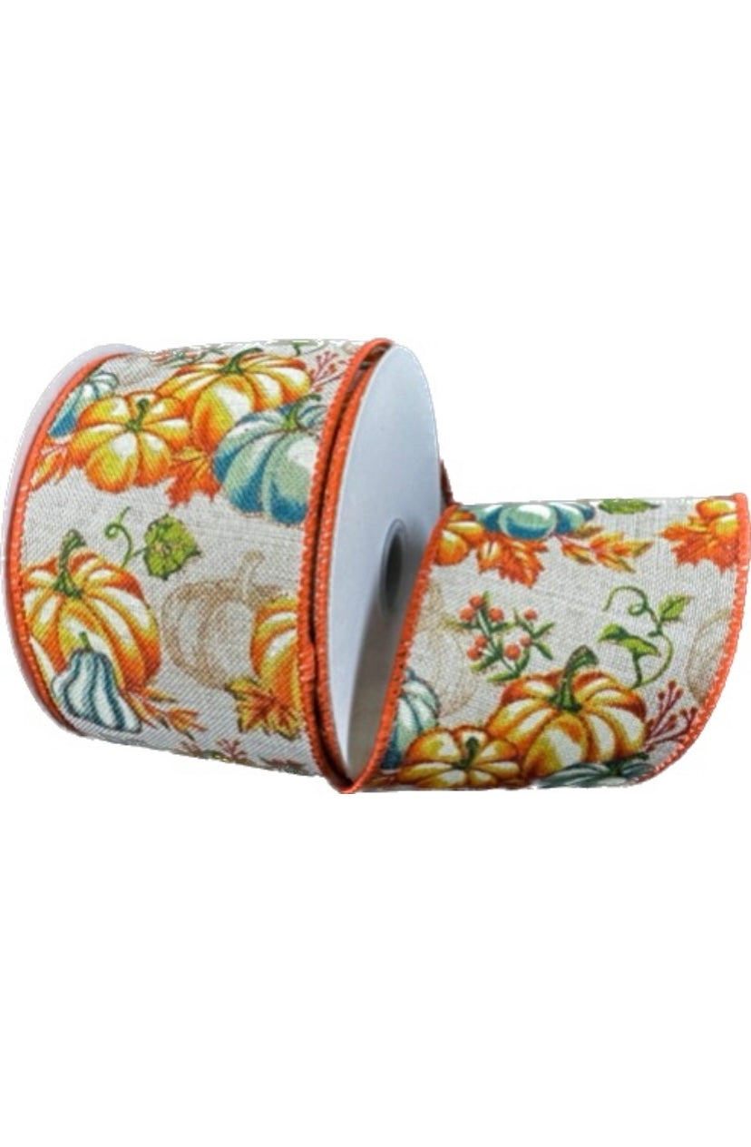 Wired Fall Pumpkins and Gourds on Poly Linen Ribbon- 2.5”x10 Yards