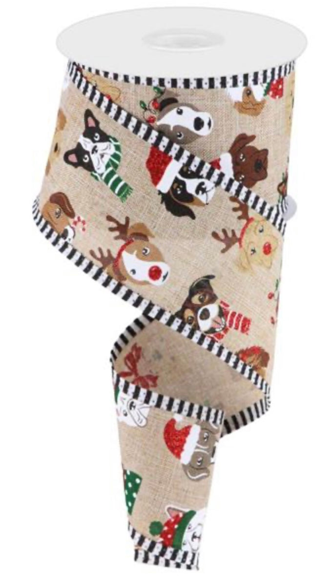 10 Yards - 2.5” Wired Natural Background Christmas Pooch Dog Ribbon with Glitter Accent and Stripe Edge