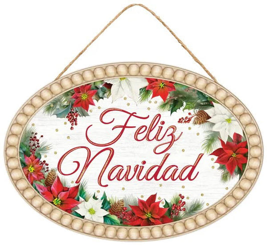 13”x9” Oval Feliz Navidad Poinsettia Wreath Sign