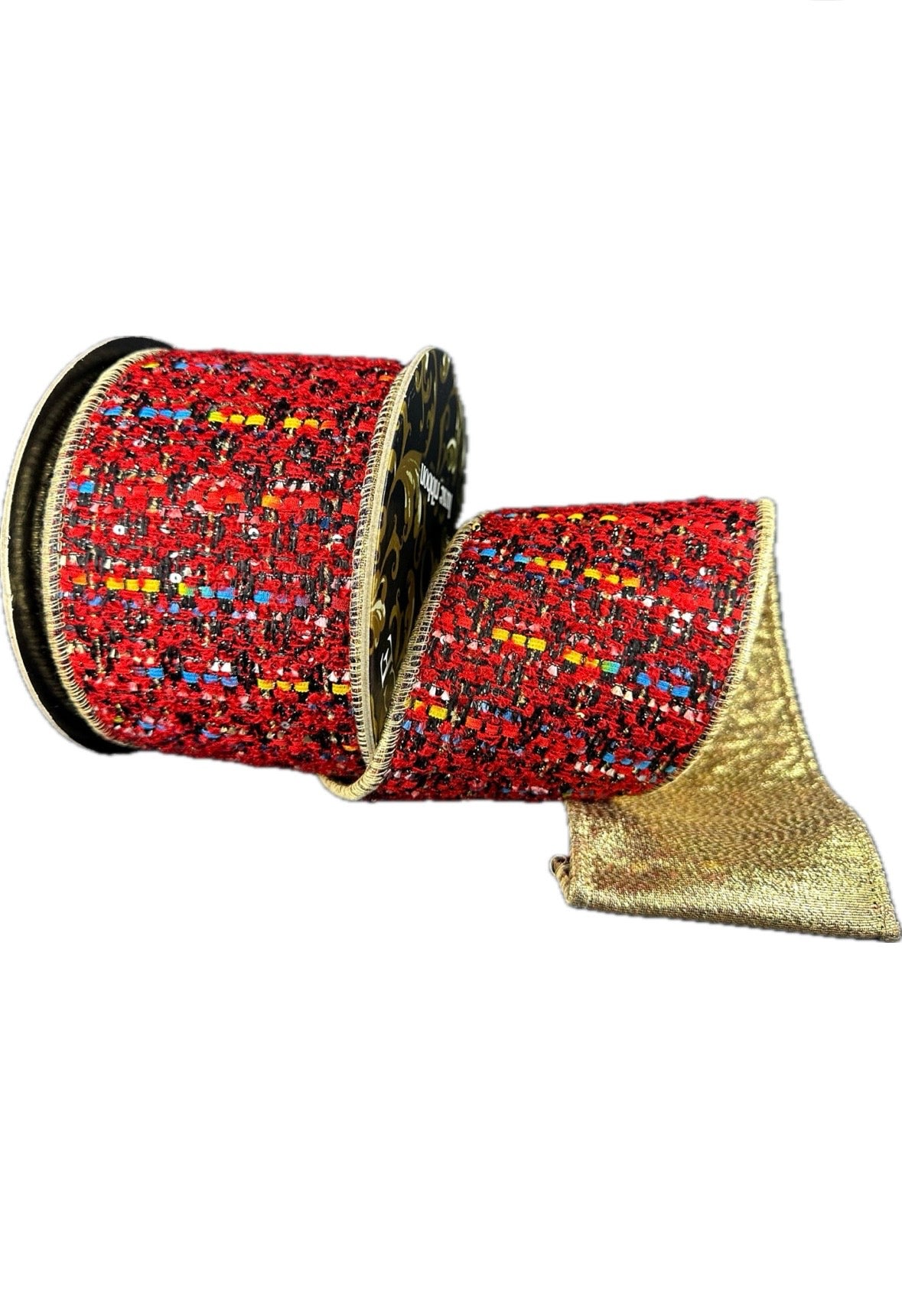 Wired  Red Black Blue Gold Thick Weave Tweed/Gold Metallic Back Ribbon- 4”x5” Yards