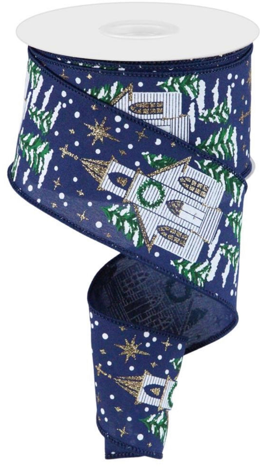 10 Yards - 2.5” Wired Navy Blue Background Christmas Church Ribbon with Gold Glitter Accent