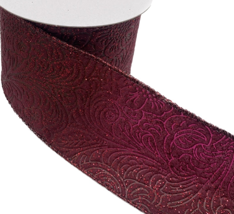 10 Yards - 2.5" Wired Burgundy Glitter Floral Design Embossed Ribbon