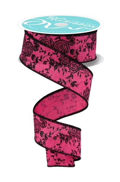 Wired Pink Background Black Mini Roses Ribbon- 1.5”x 10 Yards