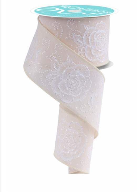 10 Yards - 2.5” Wired Raised Roses Cream and White Floral Ribbon