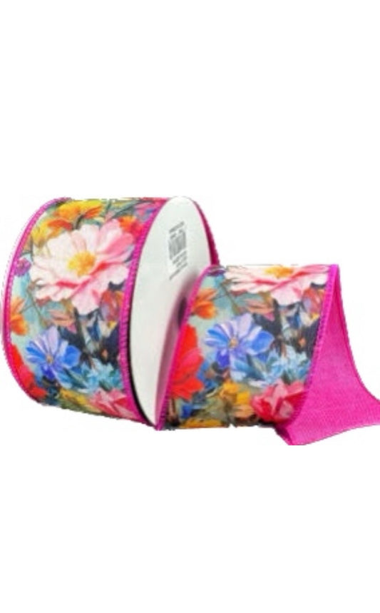 Wired Double Sided Oil Painting Flowers- Fuchsia Linen Back Ribbon- 2.5”x10 Yards