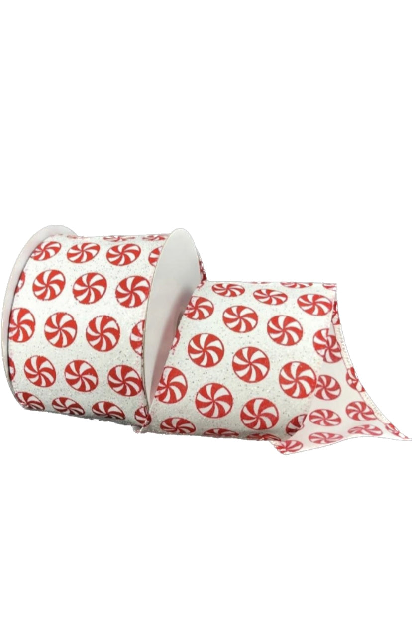 10 Yards - 2.5” Wired Peppermint Candy Cane Swirl Christmas Candy Ribbon
