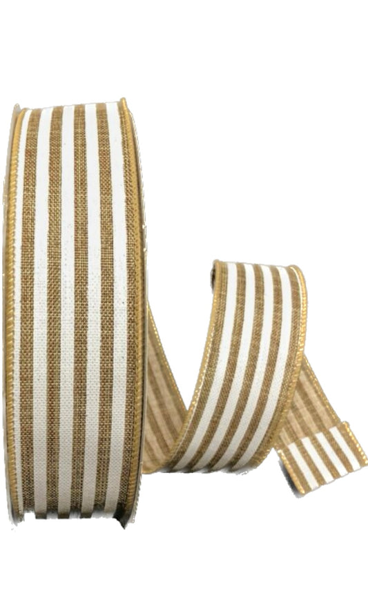 50 Yards - 1.5” Wired Natural Background with White Stripes Ribbon