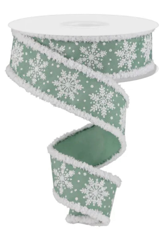 Wired Sage and White Winter Snowflake Ribbon with Snowdrift Edge- 1.5”x10 Yards