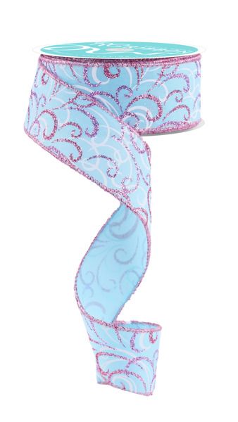 10 Yards - 1.5” Wired Blue, Pink,and White Multi Swirl Glitter Ribbon